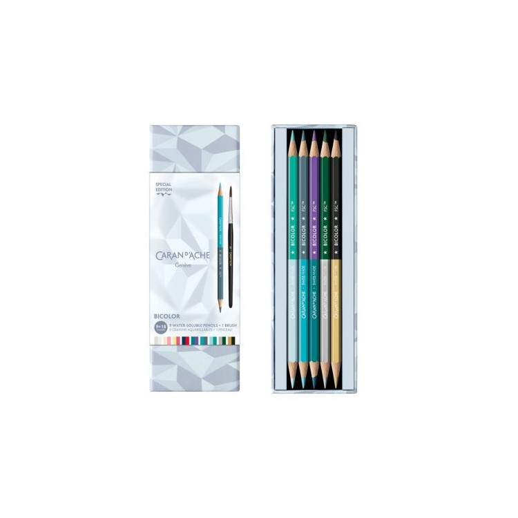 Coffret carton 9 crayons aquarellables bi-color - Caran d'Ache Coffret carton 9 crayons aquarellables bi-color - Caran d'Ache
