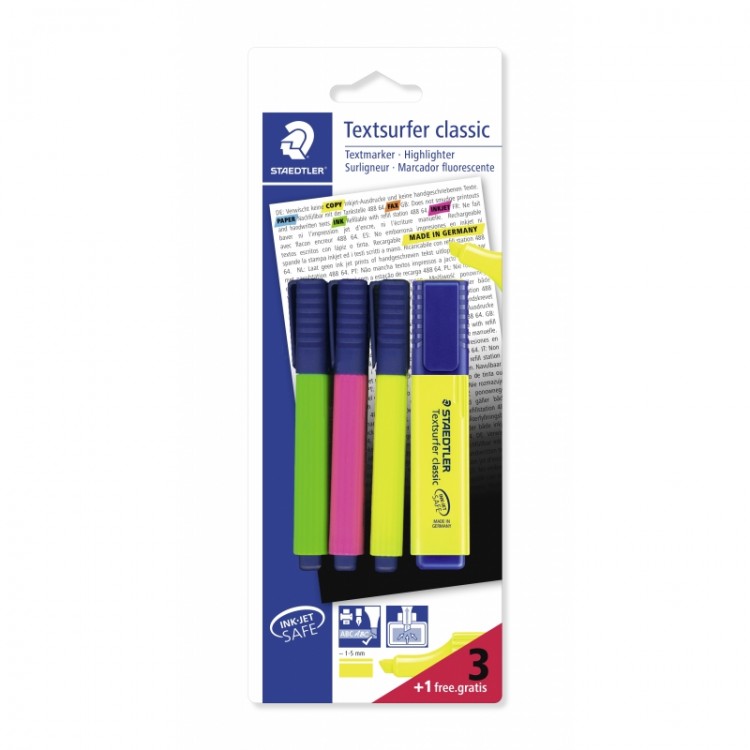 Textsurfer® classic 364 - Blister 4 surligneurs pointe biseau 1 à 5 mm assortis \"3 + 1 offert\"