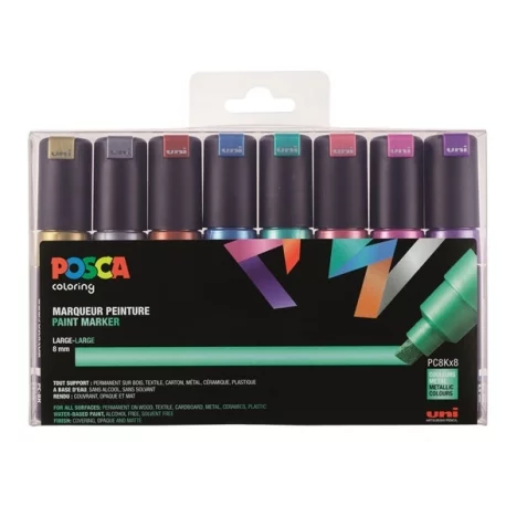 Boite de 8 Marqueur Pointe Biseautée 8mm Ton Met Posca