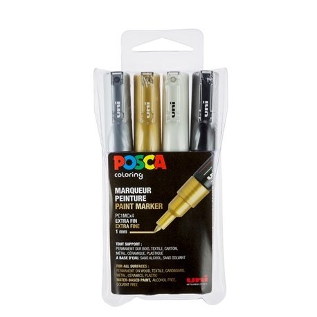 Boite de 4 Marqueurs Pointe XF Conique (N/Bl/Ar/Or) Posca