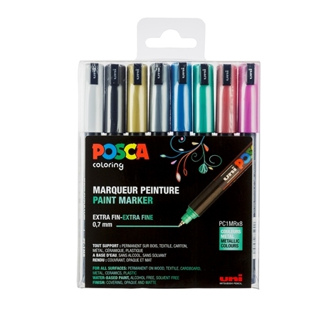 Boite de 8 Marqueurs Pointe Extra-Fine Calibree Metal Posca