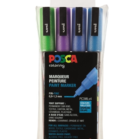 Boite de 4 Mrq Pailletes Pointe Fine Conique (B/Bl/Vl/Vt) Posca