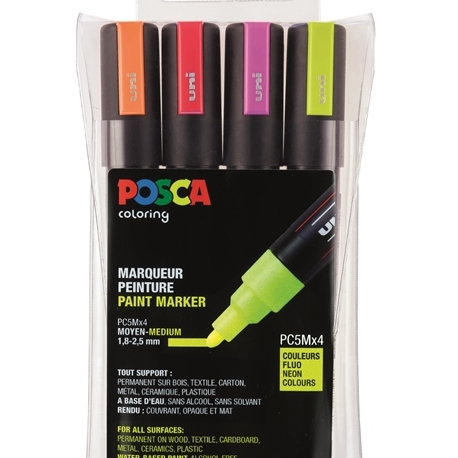 Boite de 4 Marqueurs Fluo Pointe Moy Conique (Rg/Rs/Og/J) Posca