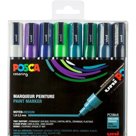 Boite de 8 Marqueurs Pointe Moyenne Conique Couleurs Froides Posca