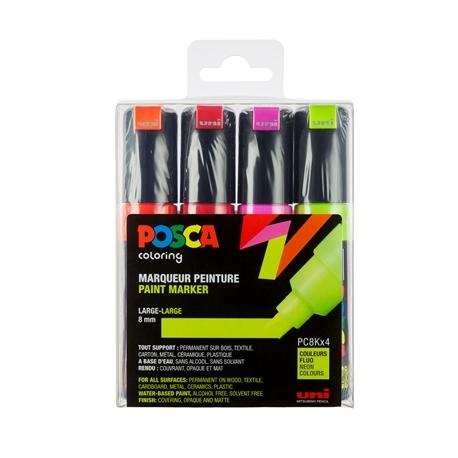 Boite de 4 Marqueurs Pointe Large Biseautee Fluo Posca