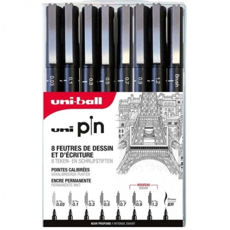 UNI PIN - Pochette de 8 feutres techniques Brush et pointes calibrées
